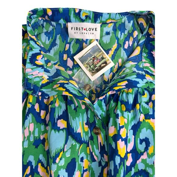 First Love By Lovelyn Abstract Print Mandarin Collar Button Down Top Sz S Blouse - Picture 3 of 10